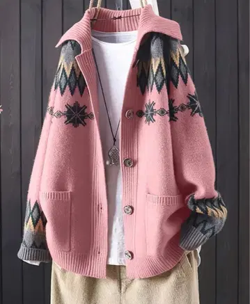 핑크 기하학 패턴 니트 가디건