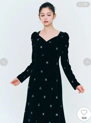 CELFORD 꽃무늬 자수 벨로아 원피스 38 블랙