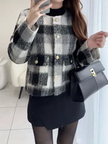 GRL 체크 무늬 샤기 자켓 블랙