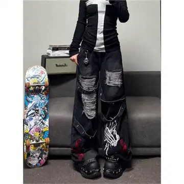 재입고 헤이세이 갸루 Y2K 스트릿 스타일 데미지 데님 팬츠