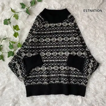 ESTNATION 긴팔 니트 자카드 모크넥 니트 울 혼방 블랙