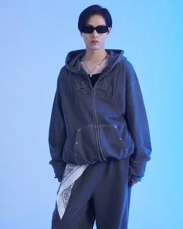 피그먼트 가공 지퍼 후드티 팬츠 셋업