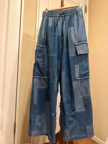 패치워크 디자인 블루 데님 와이드 팬츠