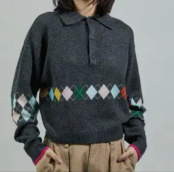 배색 미니 아가일 폴로 니트