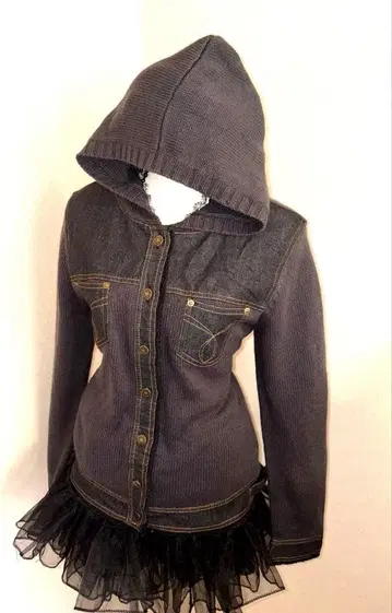 레어 헤이세이 갸루 archive 니트 데님 도킹 후드티 풀 버튼 y2k