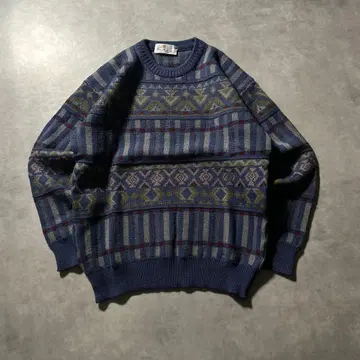 빈티지 네이비 블루 올 패턴 레트로 디자인 니트 스웨터