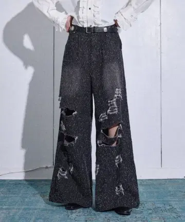 seyto 사이즈 3 / 와이드 스트레이트 데미지 네프 데님 팬츠