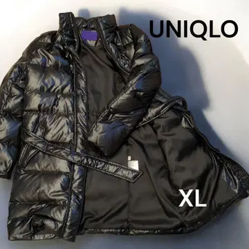 유니클로 다운 코트 롱 벨트 포함 발수 XL 블랙 90% 후드 결품