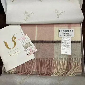 Utukky 캐시미어 100% 핑크 베이지 체크 머플러 새상품 박스 포함