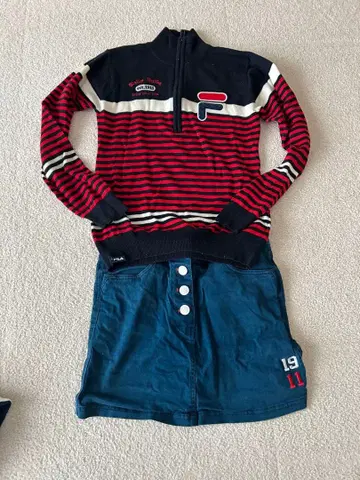 FILA 스트라이프 하이넥 스웨터 스커트 골프웨어 상하의 세트