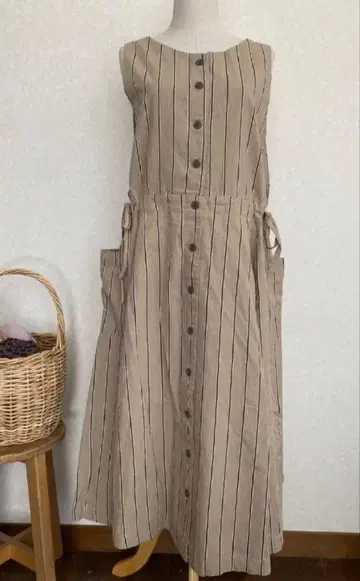 미사용 사만사 모스모스 스트라이프 사이드 리본 린넨 원피스 F