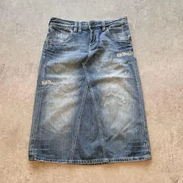 s3270 데님 스커트 종아리 기장 워시 가공 타이트 심플