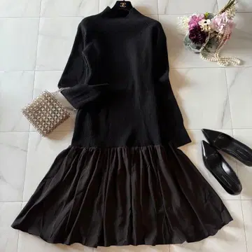 ESTNATION 도킹 새틴 x 리브 긴팔 원피스 알파카 양모