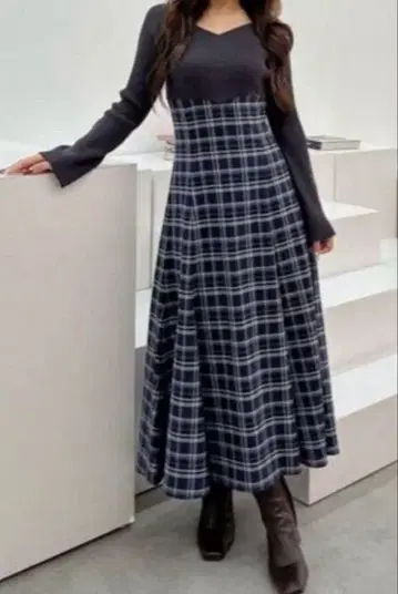 새상품급 머큐리 듀오 롱 원피스 체크 긴팔 도킹 M 사이즈