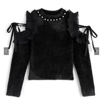 숄더 오픈 프릴 리본 펄 샤기 니트탑