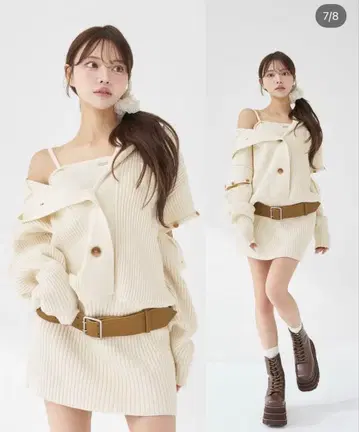 택 포함 새상품 다리치 로우웨스트 디자인 니트 원피스 아이보리