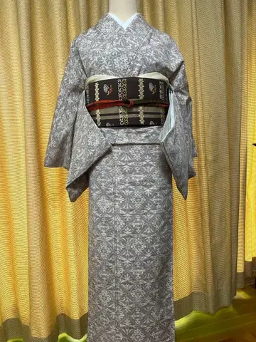 츠무기 기모노와 오비 세트 (순수 실크) 베이지