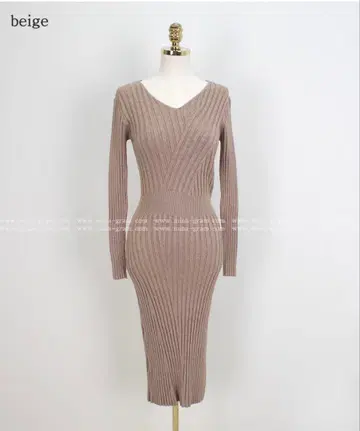 minagram 니트 리브 V넥 슬림 긴팔 미디 원피스