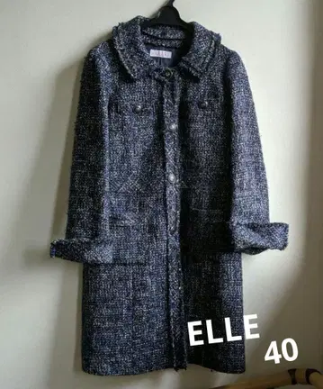 ELLE 트위드 코트 자켓 40 칼라 탈부착 가능 네이비