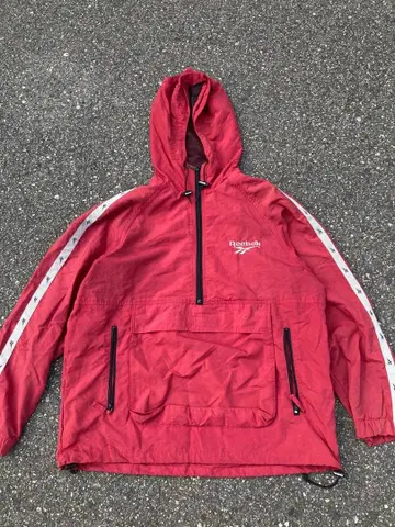 초레어 구형 택 [90s] Reebok 아노락 후드티 레드 원포인트