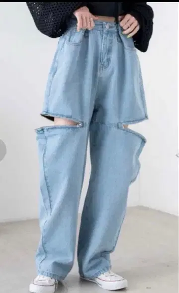 WEGO 사이드 컷 데님 허리 후크 ZIP 컷 데님 팬츠