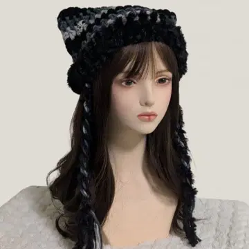 핸드메이드 고양이 귀 니트 모자 y2k 그런지 서브컬쳐 블랙 그레이