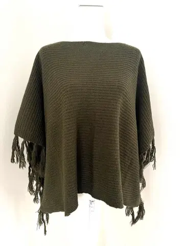 여성용 카키 아크릴 니트 판초 프린지