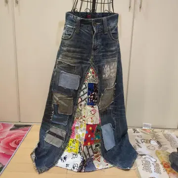 데님 패치워크 플레어 스커트