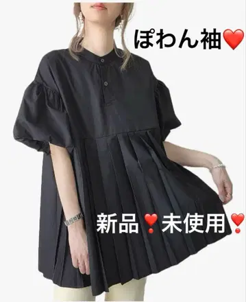 반팔 셔츠 블라우스 튜닉 플리츠 퍼프 슬리브 블랙 헨리넥