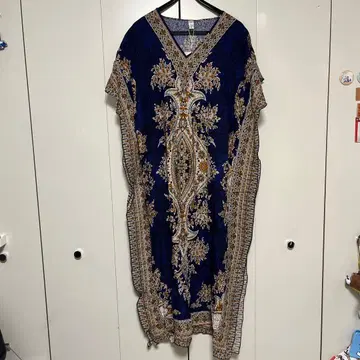 네이비 꽃무늬 코튼 반팔 롱 원피스