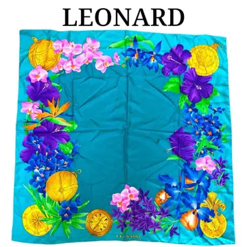 LEONARD 스카프 플라워 무늬 터콰이즈 그린 실크 이탈리아제 대형