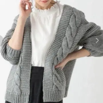 그레이 케이블 짜임 펑 소매 니트 가디건