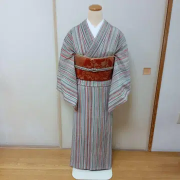 코몬 기모노 빨간색 그린 스트라이프
