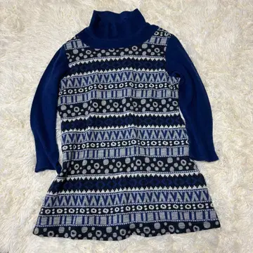 북유럽 스타일 니트 원피스 터틀넥 네이비 x 그레이 사이즈 40