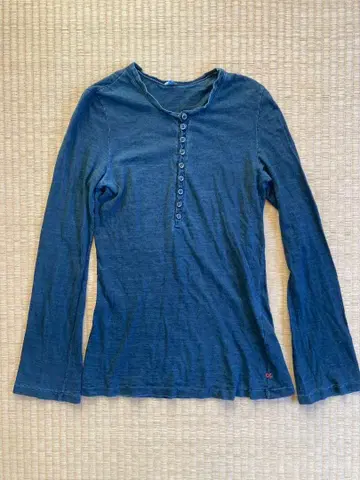 45R 헨리넥 코튼 긴팔 T셔츠 인디고 네이비 나염