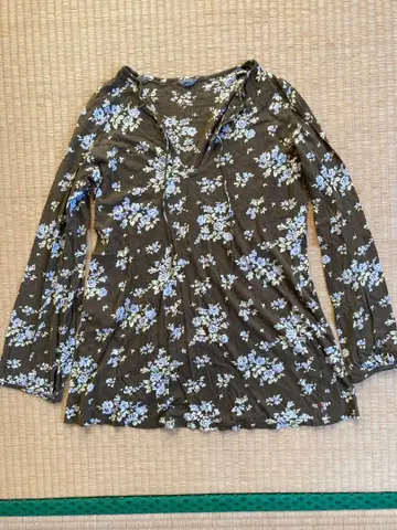 45R 꽃무늬 코튼 긴팔 상의 튜닉 브라운 x 스카이블루 계열