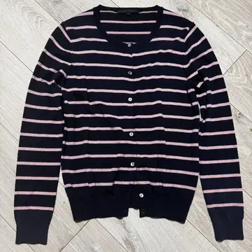 ANAYI 네이비 핑크 스트라이프 가디건 모 100% 울 38