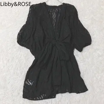 리비앤로즈 블라우스 리본 자카드 퍼프 소매 개더 블랙 M