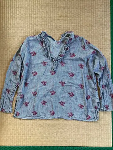 45R 히코리 블라우스 프릴 넥 셔츠 인디고 스트라이프