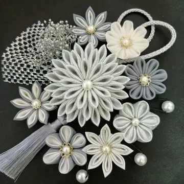 머리 장식 쓰마미자이쿠 성인식 졸업식 결혼식 시치고산 실버 화이트 그레이