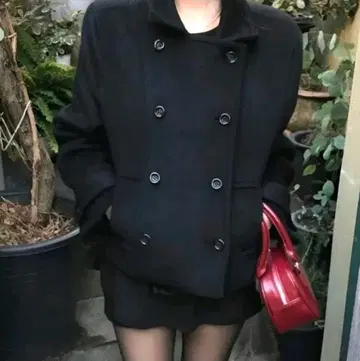 울 더블 브레스트 피 코트 블랙 왕홍