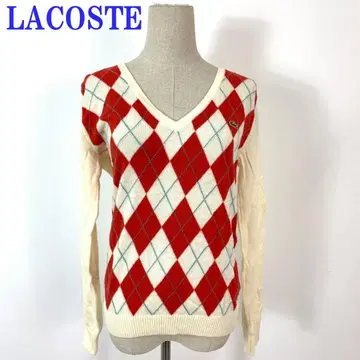 라코스테 긴팔 니트 V넥 가디건 아가일 무늬 레드 42 C4967
