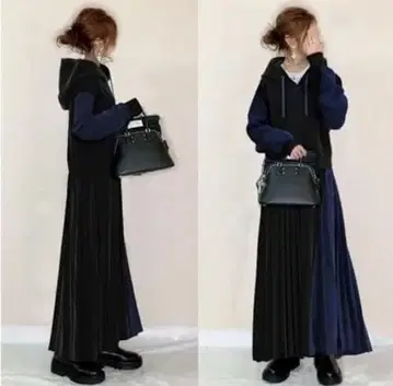 2세트 후드티 + 롱 스커트 블랙 x 블루 코듀로이 느낌