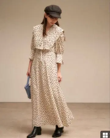 SNIDEL 7부 도트 롱 원피스 베이지 블랙