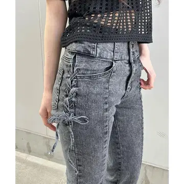 그레이 사이드 레이스업 하이웨스트 데님