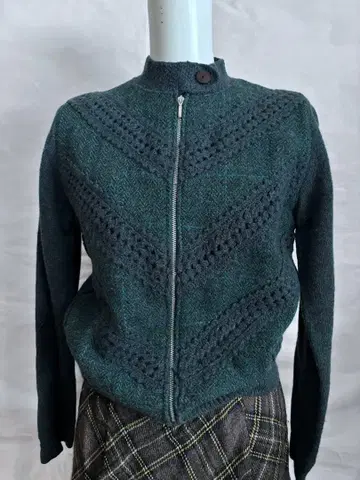 해리스 트위드 손뜨개질 투모로우랜드 다크 그린 노카라 자켓