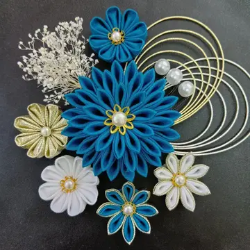 머리 장식 츠마미자이쿠 성인식 졸업식 결혼식 시치고산 청록색 화이트 금