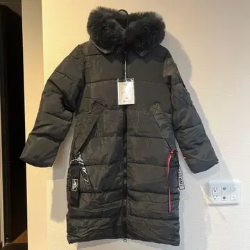 블랙 후드 부착 롱 다운 자켓