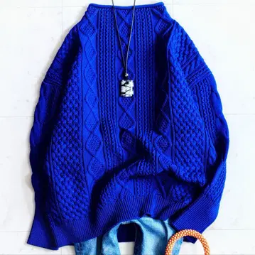 극미품 유나이티드 애로우즈 별주 BATONER 울 케이블 니트 블루