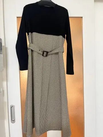 스트로베리 필드 하운드투스 체크 패턴 긴팔 원피스 벨트 포함